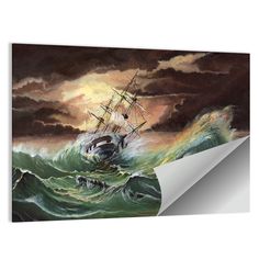 an oil painting of a ship in rough seas