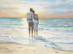 a painting of two people standing in the ocean