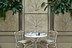 two chairs and a table in front of some plants