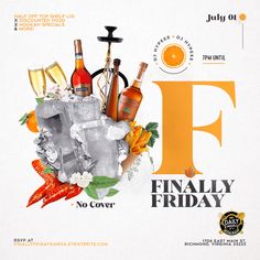 an advertisement for a nourishment cocktail bar called finally friday with oranges and wine