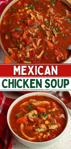 mexican chicken soup in a white bowl on top of a red and white checkered table cloth