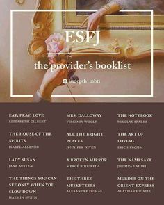 the poster for esfj's booklist, which features an image of a woman