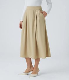 Discover Women’s High Waisted Invisible Zipper Pleated Side Pocket Flare A Line Midi Work Skirt at Halara, Crowd-Approved Affordable Choices Made For What Moves You. Boat Neck Jumpsuit, Professional Blouses, Work Skirt, Mid Calf Skirt, Work Skirts, Simple Elegance, Work Pants, Long Sleeve Bodysuit, High Neckline