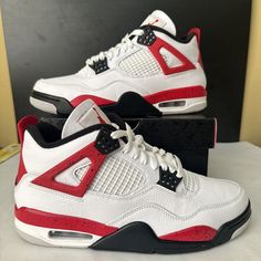 Lightly Worn Original Box Size 8 Jordan 4 Red Cement 4 *SAME OR NEXT DAY SHIPPING* Jordan 4s Gray And Red, Jordans 4 Metallic Red, Red Jordans 4s, Cement Jordan 4, Fire Red 4s, Jordan 4 Red, Jordan 4’s, Red Jordans, Jordan Retro 4