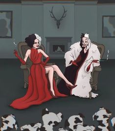 two women in red dresses sitting on chairs with pandas behind them and one is talking on the phone