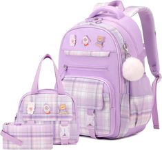 3PCS Girls Backpack with Lunch Box, Pencil Case, Cute Kawaii Plaid Book Bag for Girls Kindergarten Elementary Preschool Middle High School Box Pencil Case, Backpack For School, Girls Backpack, Backpack Set, Plaid Backpack, Kids Backpack, Backpack School, School Backpack