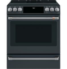 a black stove with two burners and one oven door open, on a white background