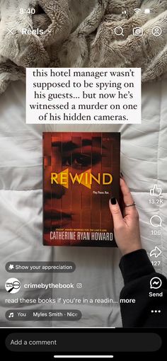 someone is reading a book in bed with the caption'rewind'above them