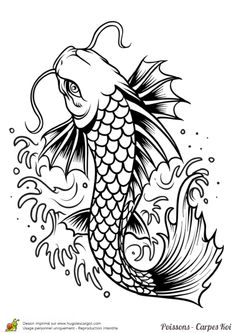 a black and white drawing of a koi fish with water splashing around it