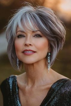 31 Easy to Style Silver Fox Haircuts for Active Women Bangs For Full Face, Short Hairstyle Women Elegant, Hair Trends 2025 Haircuts Women, Old Woman Hair, Short Grey Bob, Face Frame Haircut, Feathery Bangs, Face Framing Layers With Bangs, Layered Bob Haircut