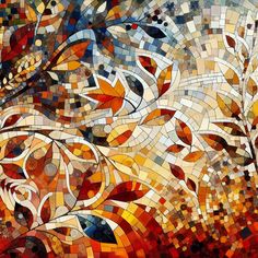 an abstract painting with lots of different colors and patterns on it's surface, including leaves