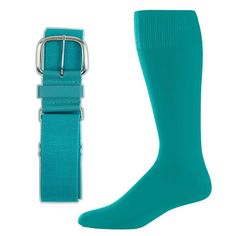 a pair of blue socks and a belt are shown with the strap attached to it