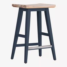 the stool is made from wood and has metal barstools on one side, with a wooden seat at the top