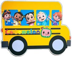 the wheels on the bus are full of cartoon characters and words that read cocomelon