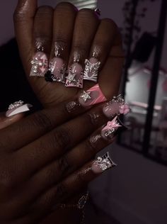 Black Pink And Silver Nails, Pink Birthday Nails Acrylic, Silver And Pink Nails, Pink And Silver Nails, Pink Black Nails, Nails After Acrylics, Cute Short Nails