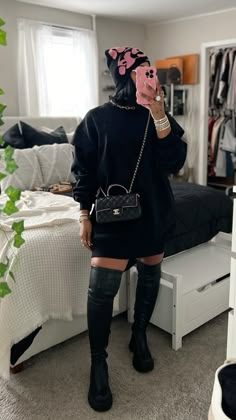 Black Dress And Thigh High Boots, Plus Size Fall Black Women, Chill Dinner Date Outfit, Lace Socks With Heels Outfit Black Women, Fits With Knee High Boots, Dress With Winter Boots, Black Women Outfits Ideas, Date Night Outfit Fall Black Woman, Sweatshirt Heels Outfit