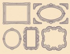 a set of ornate frames and borders in line art style on a beige background illustration