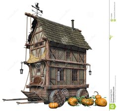 an old wooden house with pumpkins on the ground and a ladder to climb up