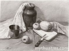 a pencil drawing of apples, an apple cider and a book on a table