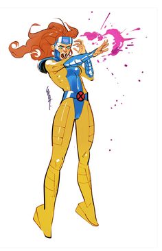 a drawing of a woman in yellow and blue costume with paint splattered on her face