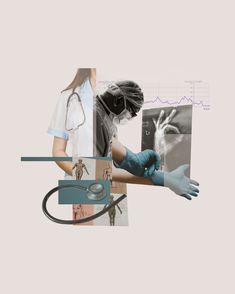 a collage of medical images with doctors and patient's hands in blue gloves