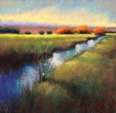 an oil painting of a river running through a field