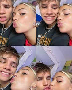 four pictures of two people making faces and one has her tongue out to the side