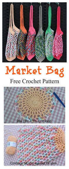 the crochet market bag pattern is shown in four different colors and sizes, including pink