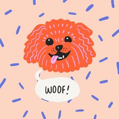 an orange dog with sprinkles on it's face and the words woof above it