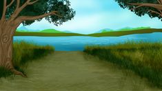 a painting of a path leading to a lake