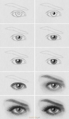 the steps to draw an eye with different angles and shapes for each individual's eyes