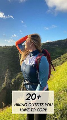 a woman standing on top of a lush green hillside with text overlay reading 20 hiking outfits you have to copy