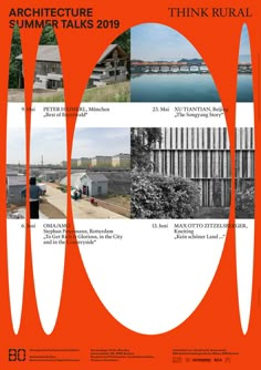 an orange and white poster with images of buildings