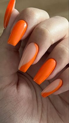 Cute Orange Nails Design, Orange Nails Ideas Acrylic, Neon Orange Design Nails, Simple Orange Acrylic Nails, French Colored Tips Nails Square, Acrylic Nail For Summer, Orang Nails Ideas, Birthday Mani Pedi Ideas, Orange Inspo Nails