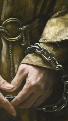 a painting of a person's hands with chains on them