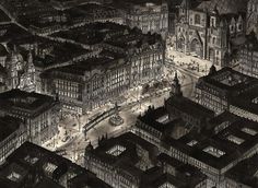 an aerial view of a city at night with lots of tall buildings and people walking around