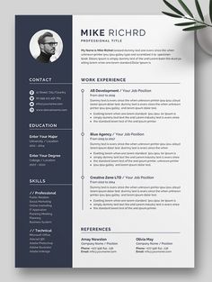 a professional resume template with blue accents on the front and back, is displayed next to a