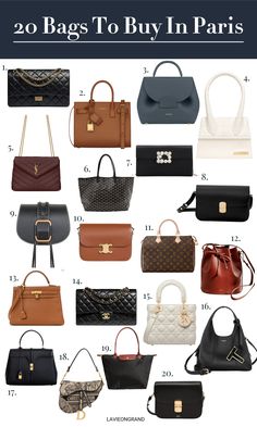 Graphic of 20 different handbags to buy in Paris. Designer Purse Collection, Capsule Wardrobe 2023 Paris, New Handbags Style, Types Of Purses Handbags, Purses For 2023, Luxury Travel Bags For Women, It Bags Classic, 2023 Luxury Bag, Top 10 Luxury Handbags