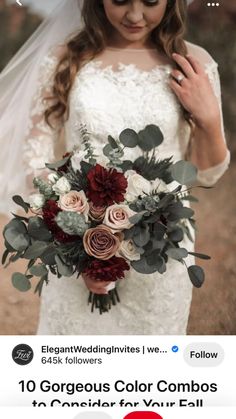 a woman in a wedding dress holding a bouquet and looking at her cell phone screen