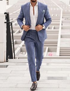 Blue Men's Wedding Linen Suits Summer Beach Wedding Suits 2 Piece Solid Colored Tailored Fit Single Breasted One-buttons 2024 2024 - $98.99