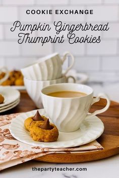 pumpkin gingerbread thumbnut cookies on a plate with a cup of coffee