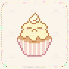 a pixelated cupcake with white frosting and sprinkles