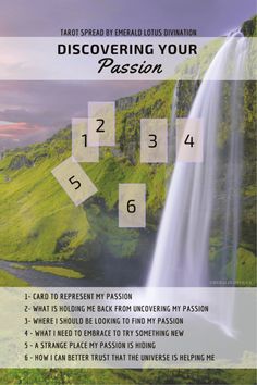 a poster with the words, discovering your passion and numbers in front of a waterfall