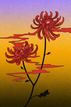 two red flowers are in the water with purple and yellow colors behind them, as well as an orange background