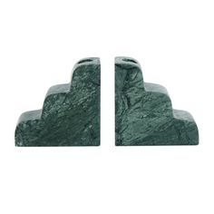 pair of green marble bookends on white background