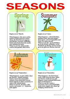 four seasons cards with the words autumn and winter