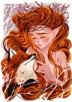 a painting of a woman with red hair holding a fox