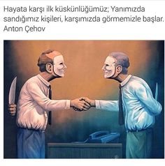 two men shaking hands with masks on their faces and one holding a knife in his other hand