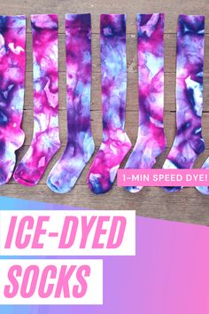 five pairs of ice - dyed socks on a wooden table with text overlay that reads, 1 - min speed dye