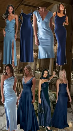 several different pictures of women in dresses and one is wearing an evening gown with high slits